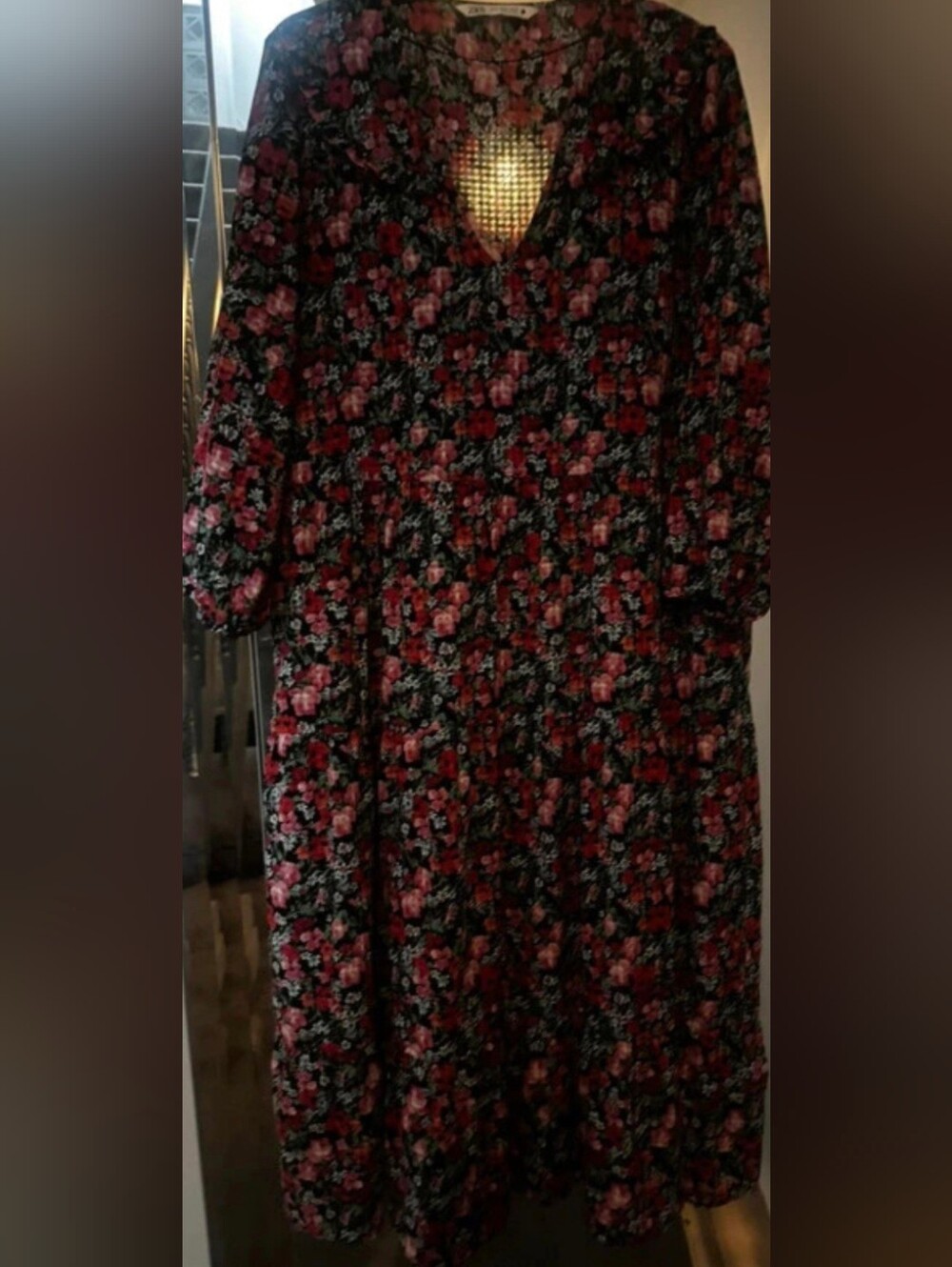 Zara Black Floral Long-Sleeve Midi Dress with Pink and Red Blooms